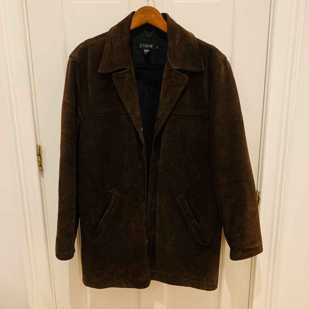 J CREW Suede Leather Jacket Lined Coat Button Down Wool Lining Brown Vintage 90s